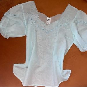 Vintage soft blue sheer embroidered puff sleeve blouse